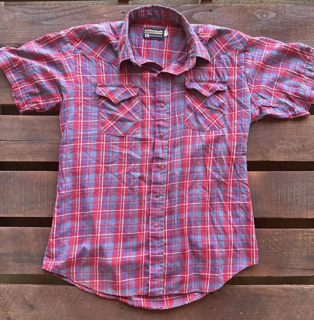 VTG 70s Panhandle Slim Pearl Snap Western Shirt Mens 17 Red Plaid Made in USA